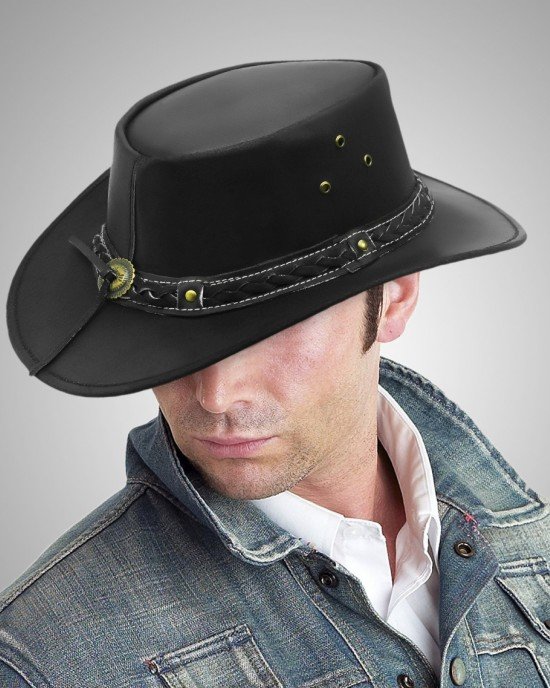 Aussie - Men's Leather Cowboy Bush Hat (Black)